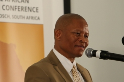 South Africa's Chief Justice Thomas Reetsang Mogoeng speaking at a conference in which he said infusing religion with law could help fight lawlessness and corruption in one of the world's most crime-ridden countries. He was the keynote speakr at the Stellenbosch University conference on May 27, 2014. (PHOTO: Stellenbosch University / Hennie Rudman)