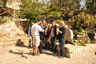 David Cape ministering to a group of men from the Czech Republic, at the  ‘Garden Tomb’ in Jerusalem, during his ongoing Great Commission Walk.