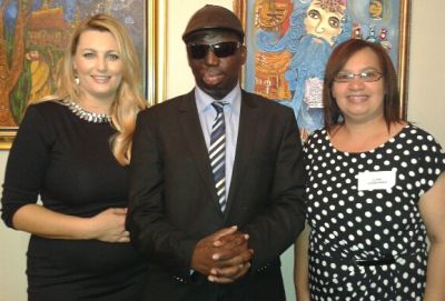Jackie Georgiou (Watchmen on the Wall TV) Pastor Umar Mulinde (Uganda) , (right) Elena Groenewald (Inspirational tours and ABI) 