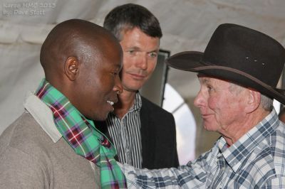 From the left, Afrika Mhlophe (KMMC speaker), Jannie Moolman (KMMC event coordinator) and Angus Buchan (Mighty Men Movement founder and speaker at this year's KMMC) at the KMMC 2013. They were part of a group of men who met at Buchan's farm, Shalom, ahead of this year's Mighty Men Conferences. (PHOTO: Dave Stott)
