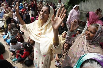 Pakistani Christians pray for victims of a pair of Taliban suicide bombings that struck two churches the day before, in Lahore, Pakistan, Monday, March 16, 2015. — AFP Read more: http://www.gospelherald.com/articles/54799/20150318/pakistani-christians-commemorate-victims-of-terror-attack-say-jihadists-will-never-push-back-their-faith.htm#ixzz3UtzubqJR