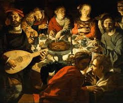 Painting depicting Jesus eating with sinners.