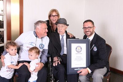 Marco Frigatti, Head of Records for Guinness World Records, presents Israel Kristal his certificate of achievement for Oldest living man on 11th March 2016, Haifa, Israel. Picture credit: Dvir Rosen/Guinness World Records From L-R: grandchildren Nevo and Omer, Heim Kristal (son), Shula Kuperstoch (daughter), Israel Kristal, Marco Frigatti