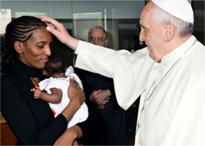 Meriam Ibrahim, the Sudanese woman who was nearly executed for apostasy for marrying a Christian man, and her daughter, Maya, meet Pope Francis at the Vatican after arriving in Italy on Thursday, en route to the United States. (PHOTOl L'Osservatore Romano via RNS)