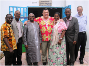Left; Emmanuel Manneh (Executive Director REAP) Centre; Jan Swanepoel and Christine  Norman (Founder REAP),  far right: Richard Wiggins PointmAn Instructor.