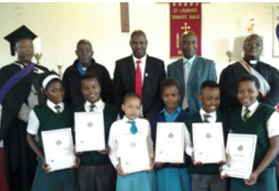 Top grade 7 learners from  Du Noon Primary and Sophkama Primary Outreach program Back row from left Rev Xhali, Rev Clever, Mr B. Macikama, M.T.Kutu, Rev Maci, handing over of Certificates for motivation. 