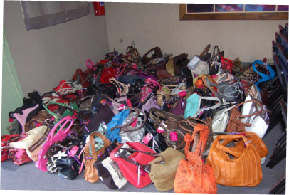 Bags donated by women at a high tea event.