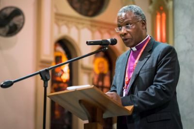 Archbishop Thabo Makgoba, the Anglican archbishop of Cape Town, preaches during a July 19 interfaith prayer service, held at the Roman Catholic Emmanuel Cathedral in Durban, South Africa, during the 2016 International AIDS Conference.