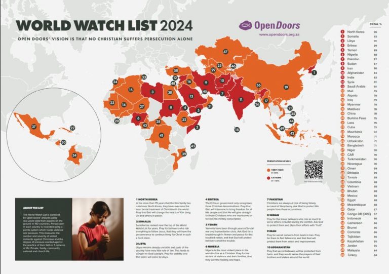 One In Seven Christians Worldwide Faces Persecution Open Doors World   WWL 2024 MAP 768x541 